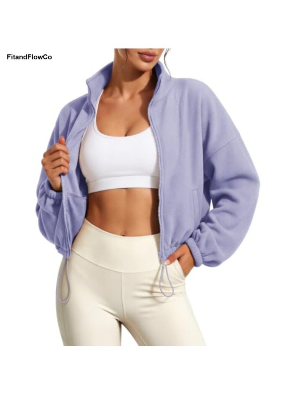 Cropped Fleece Jacket Full Zip Sherpa Sweatshirt Drawstring Hem